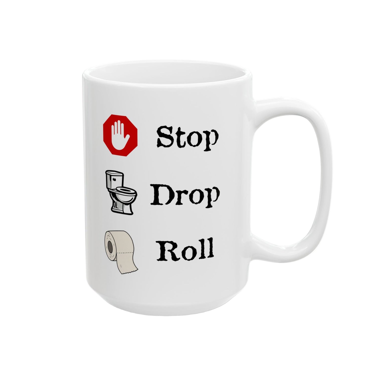 White mug with humorous design elements on a white background